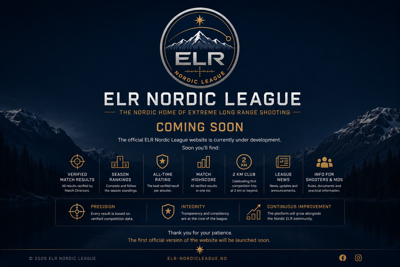 ELR Nordic League Coming Soon page with the official emblem, Nordic mountains and information about the future website.